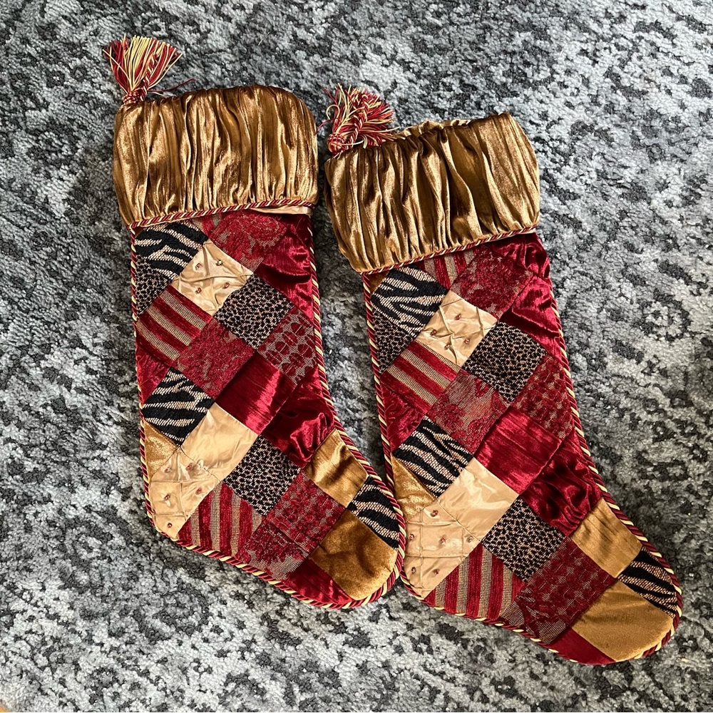 Villa Bacci Large Luxurious Patchwork Christmas Stockings Gold Accents Set (2)